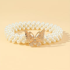 Butterfly Buckle Faux Pearl Belt Rhinestone Decor Elastic Waistband