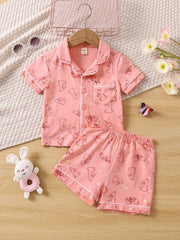 Toddler Girls Easter Rabbit Pajama Set V Neck Button Top & Shorts Sleepwear