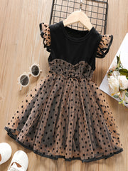 Baby Girls Ruffled Mesh Splicing Dress Short Sleeves Round Neck Polka Dots Print