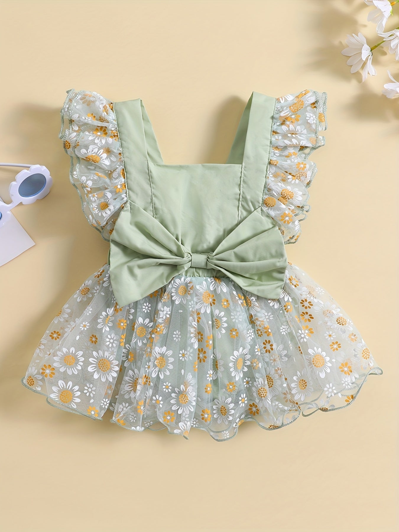 Summer Flower Princess Dress with Mesh Sleeves & Daisy Flower Decor
