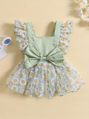 Summer Flower Princess Dress with Mesh Sleeves & Daisy Flower Decor
