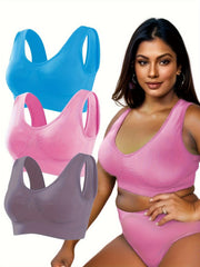3 Pack Plus Size Sports Bra Set Women's Plus Ruched Medium Stretch Bra 3pcs Set