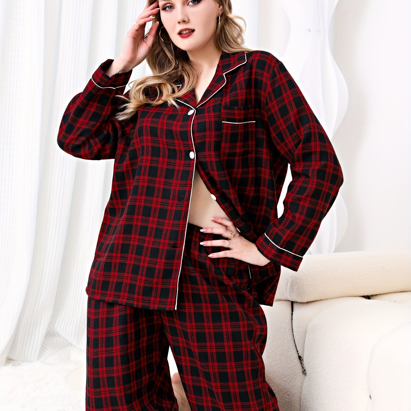 Plaid Print Pajamas Set - Long Sleeve Button Up Shirt & Pants
