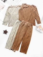 Floral Pattern Kid's Pajamas Set Long Sleeve Top & Pants Comfy PJ Set