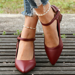 Women's Pointed Toe Pumps Ankle Strap Chunky Heels Mid Heels