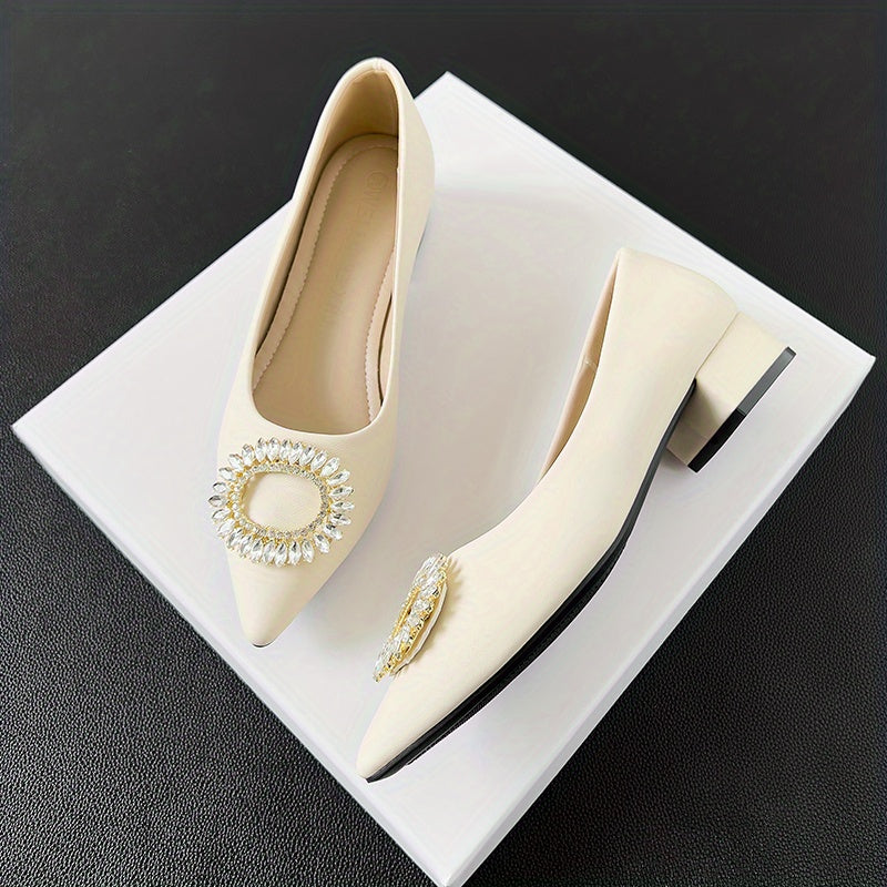 Rhinestone Decor Point Toe Slip-On Chunky Heel Dress Shoes