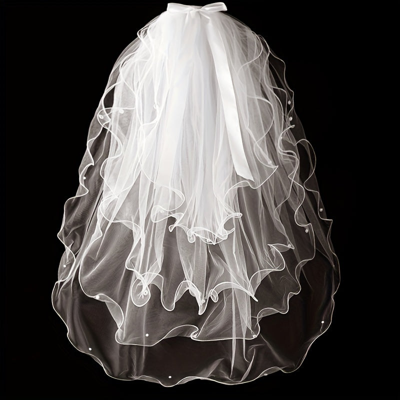 4 Layer Bridal Head Veil with Comb & Faux Pearl Satin Bowknot Hair Piece