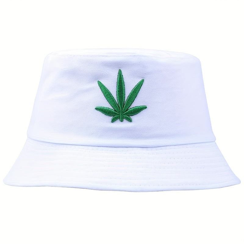 Leaf Embroidery Bucket Hat Cotton Solid Basin Hat