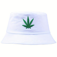 Leaf Embroidery Bucket Hat Cotton Solid Basin Hat