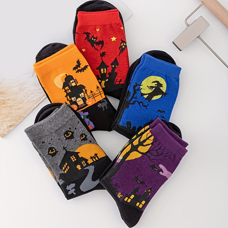 5 Pairs Bat Pattern Socks - Funny Halloween Mid Tube Women's Stockings