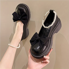 Women's Bowknot Loafers Faux Pearl Chain Shoes