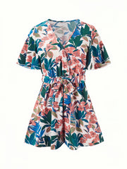 Boho Floral Print Belted Jumpsuit Flutter Sleeve Deep V Neck Casual Jumpsuit