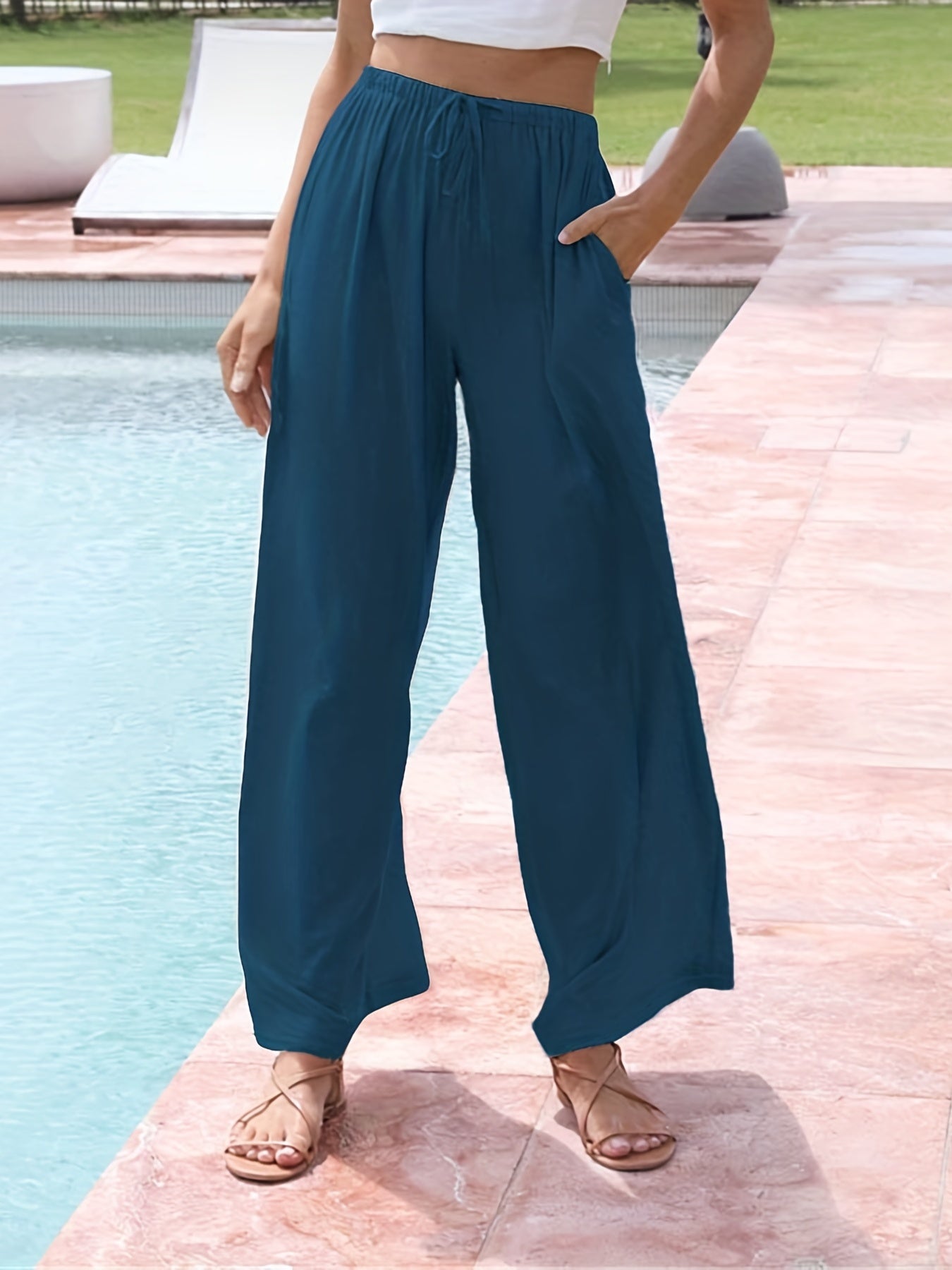 Drawstring Wide Leg Pants Casual Elastic Waist Long Length