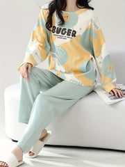 Bear Print Pajama Set Long Sleeve Top & Pants Women's Sleepwear