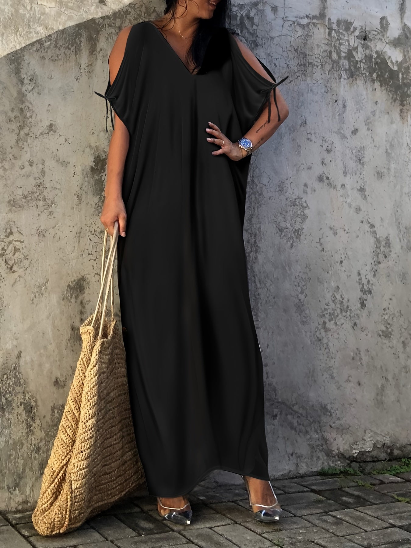 V Neck Cover Up Dress Loose Fit Tie Side Solid Beachwear Kaftan Women's Swimwear