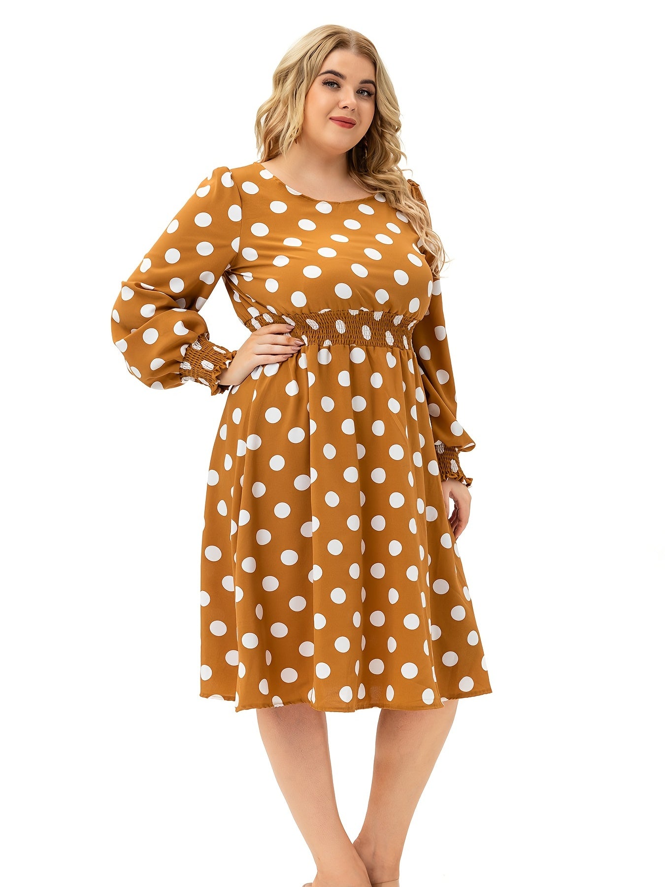 Dot Print Long Lantern Sleeve Midi Dress Women's Plus Round Neck Dress