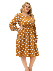 Dot Print Long Lantern Sleeve Midi Dress Women's Plus Round Neck Dress