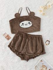 Cartoon Print Pajama Set Flannel Cami Top & Ruffle Shorts