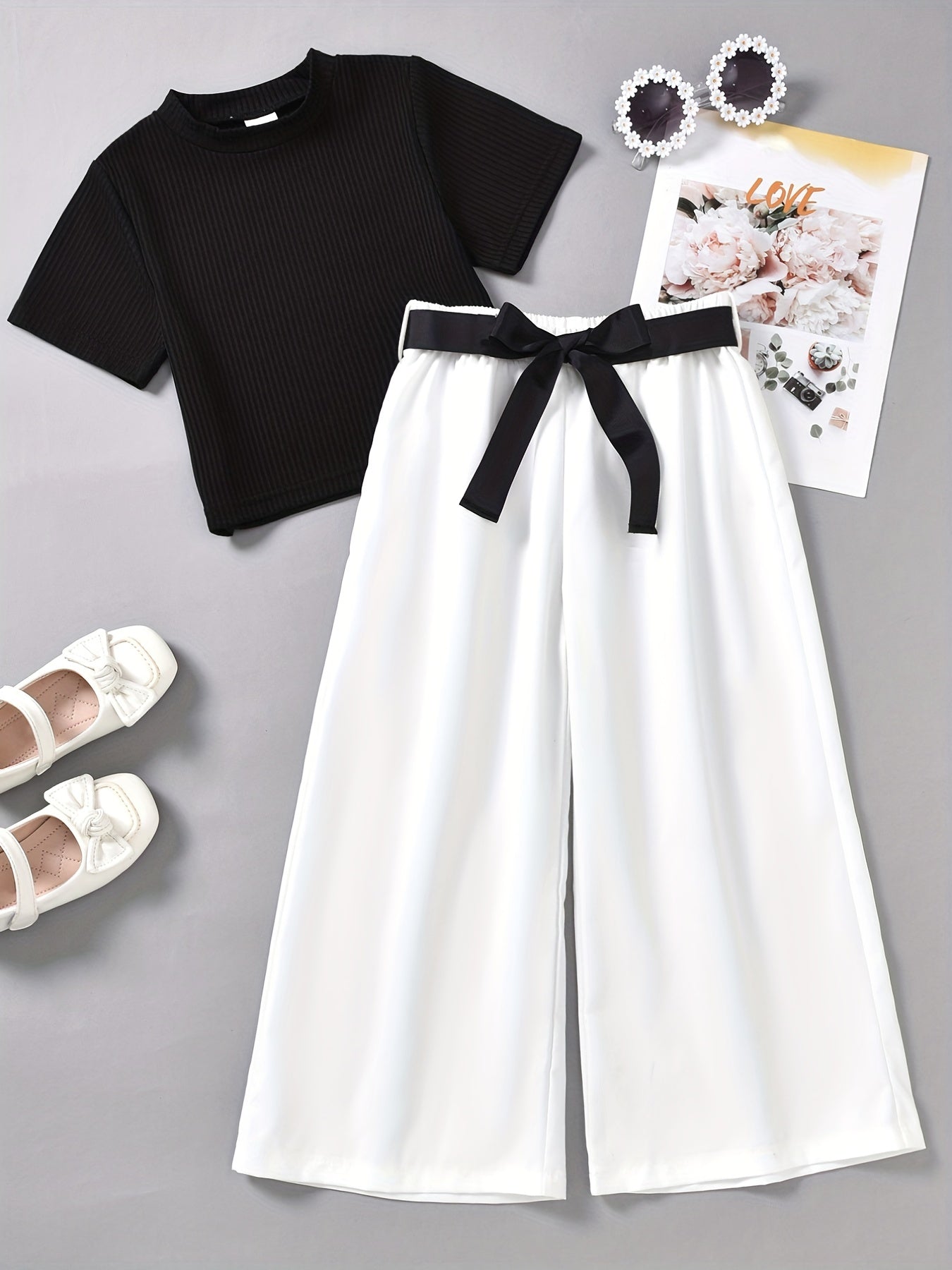 Girls Cotton Ribbed Short Sleeve Top Wide Leg Pants Summer