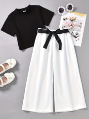 Girls Cotton Ribbed Short Sleeve Top Wide Leg Pants Summer