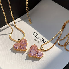 Pink Faux Crystal Heart Charm Necklace for Women Girls