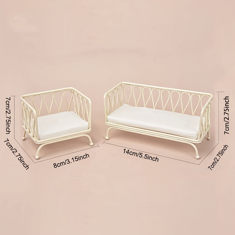 2pcs Metal Sofa w/ Cushion 1:12 Scale BJD Pretend Furniture Home Decor