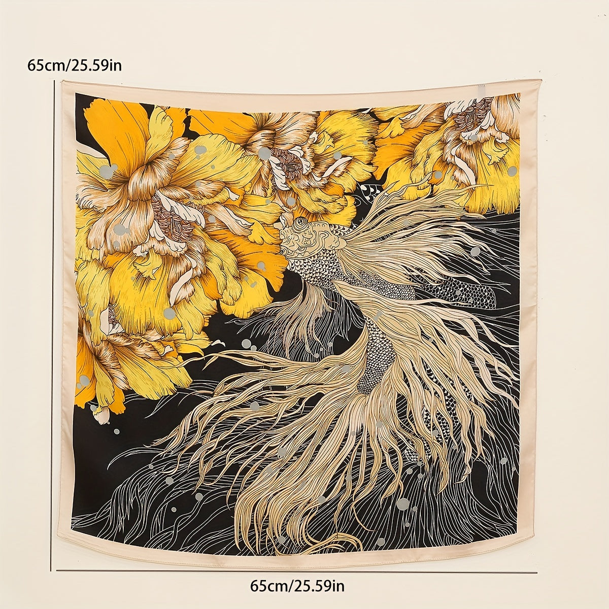 Goldfish Flower Print Bandana Yellow Satin Scarf for Women