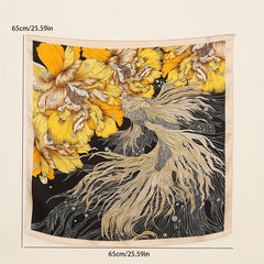 Goldfish Flower Print Bandana Yellow Satin Scarf for Women