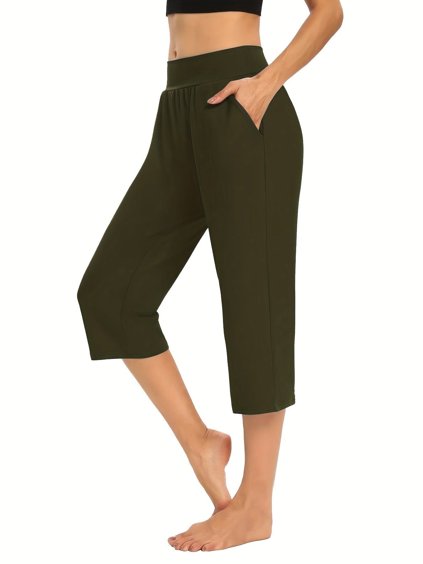 Elastic Waist Pocket Cropped Pants Casual Stretchy Stylish Pants