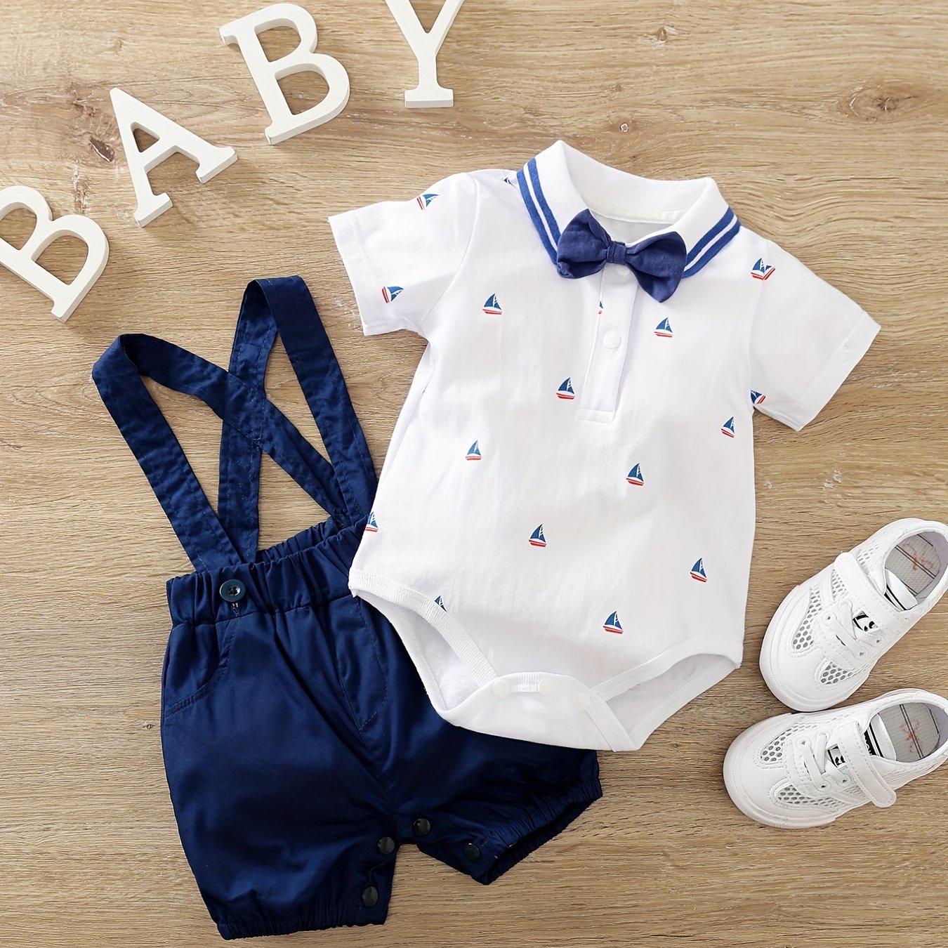 Baby Boys Sailboat Print Short Sleeve Onesie & Suspender Shorts Set