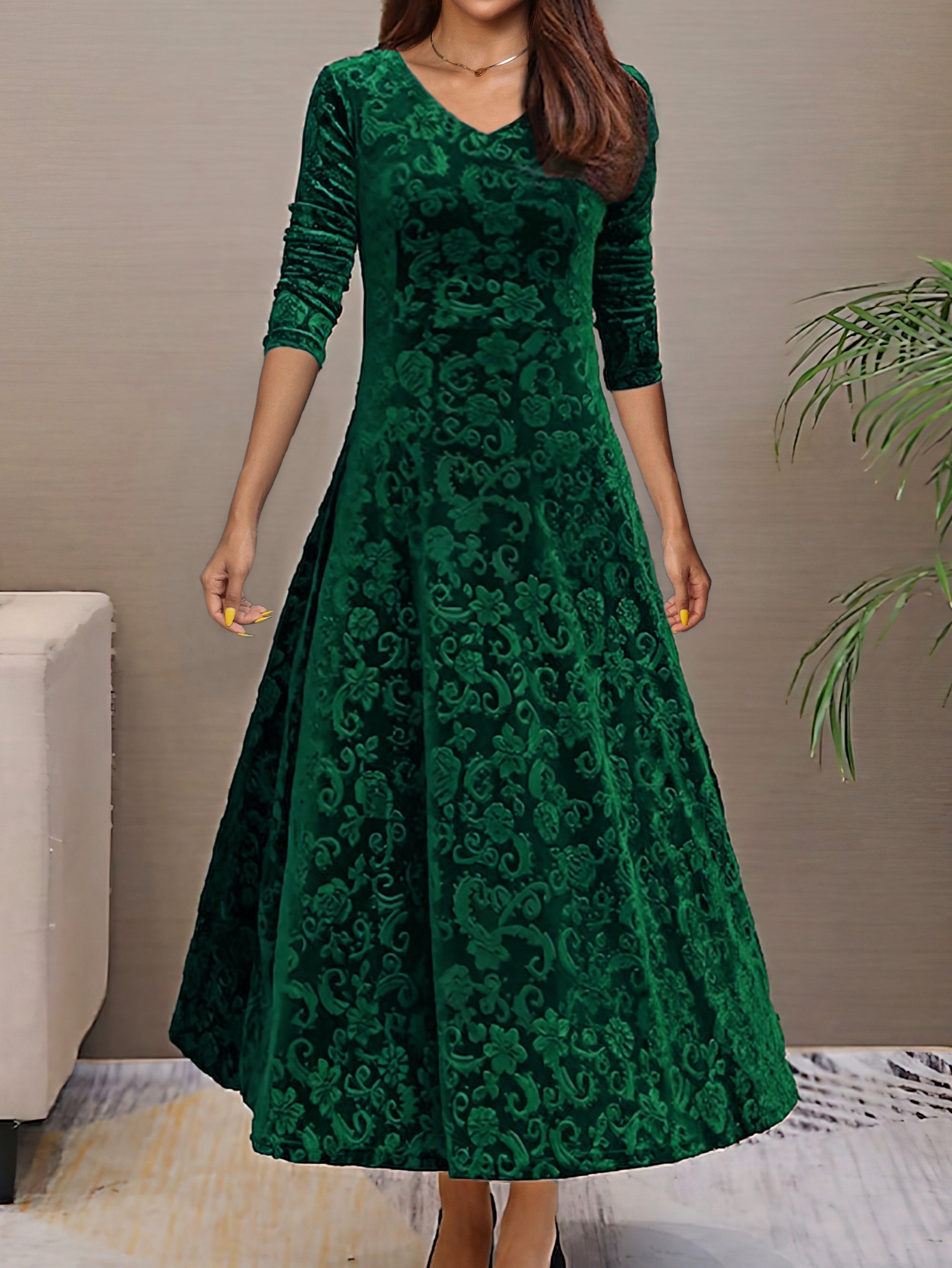 Velvet Floral Maxi Dress Long Sleeve Round Neck