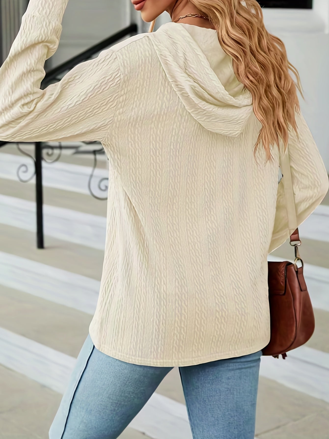 Textured Drawstring Button Front Hoodie for Spring & Fall Women's Clothing
