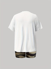 Camo & Slogan Print Top & Shorts Set