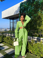 Sexy Long Sleeve Crop Top & Wide Leg Pants Set