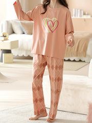 Heart Print Pajama Set Crew Neck Top & Argyle Pants