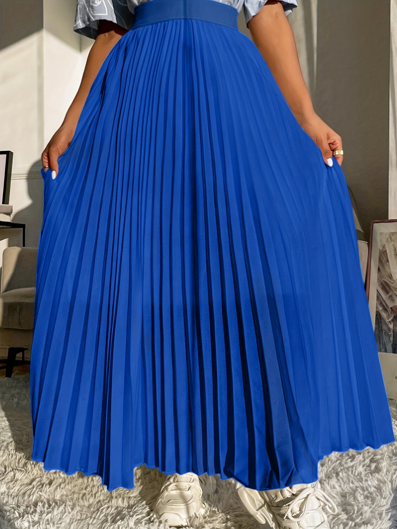Solid High Waist Pleated Skirt Elastic Waist Spring Summer Women's Clothing