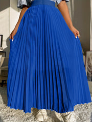 Solid High Waist Pleated Skirt Elastic Waist Spring Summer Women's Clothing