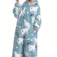 Polar Bear Flannel Nightgown Fleece Hooded Blanket