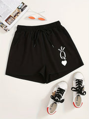 Queen Print Hotpants Drawstring Waist Casual Shorts