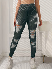 Denim Print Ripped Pants High Waist Slim Pants