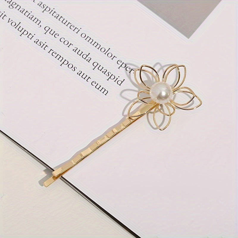 4pcs Golden Hair Clips with Flower & Pearls, Metal Hairpins for Women and Girls