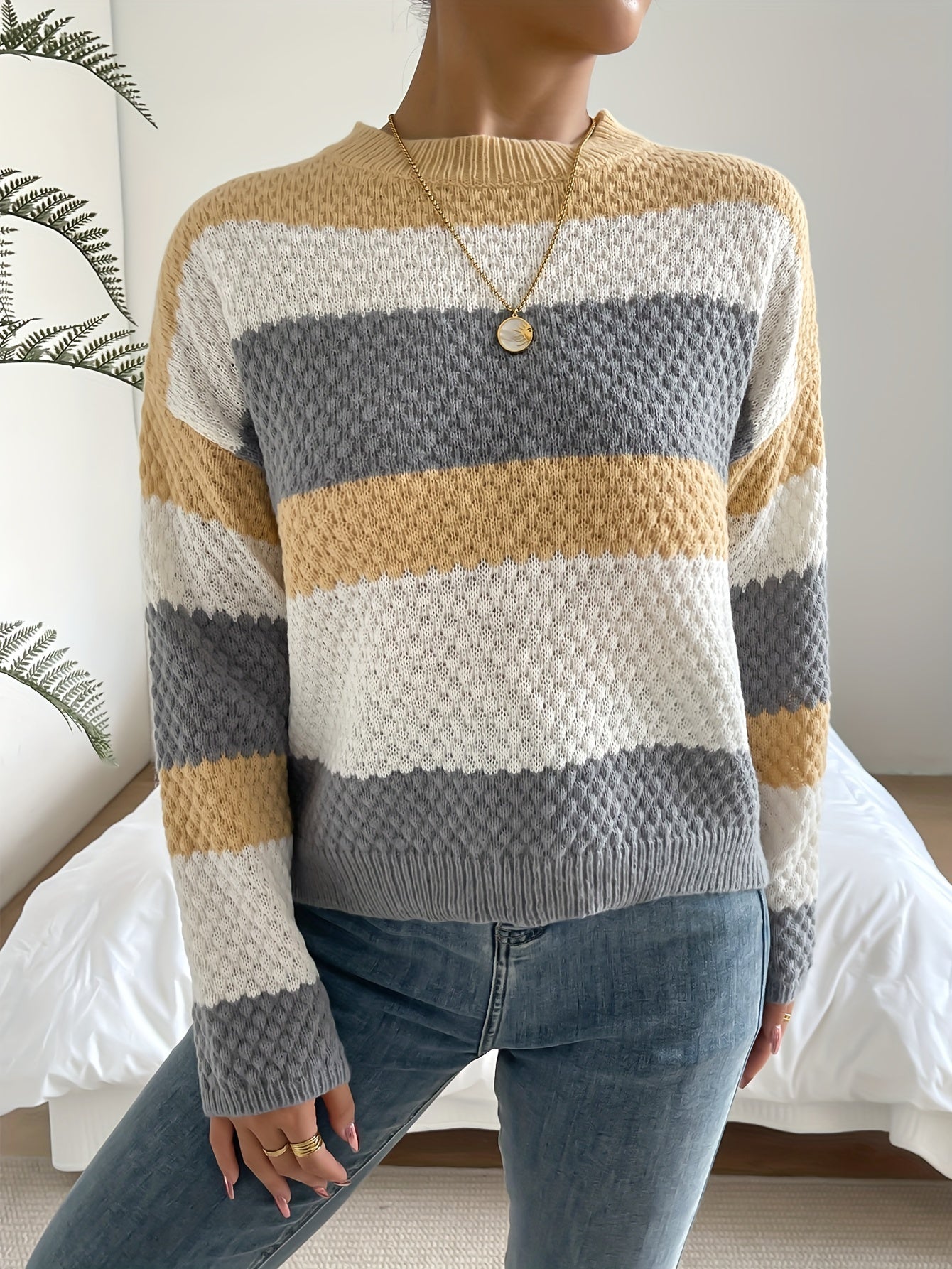 Striped Print Crew Neck Sweater for Fall & Winter