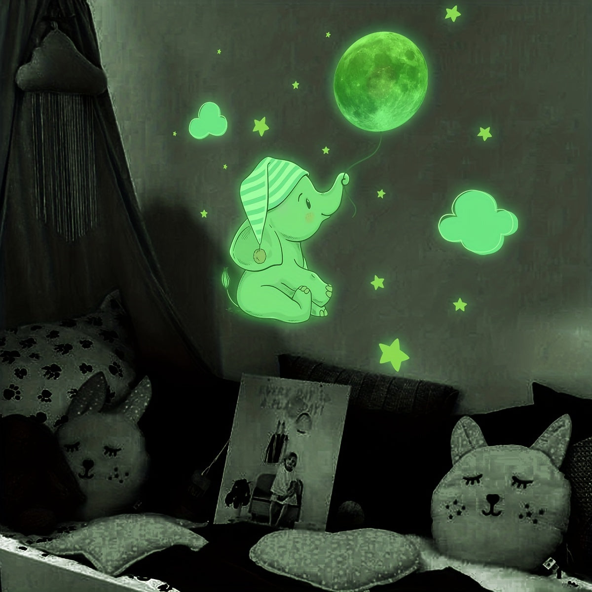 18pcs Luminous Baby Elephant Moon Star Children's Room Wall Sticker
