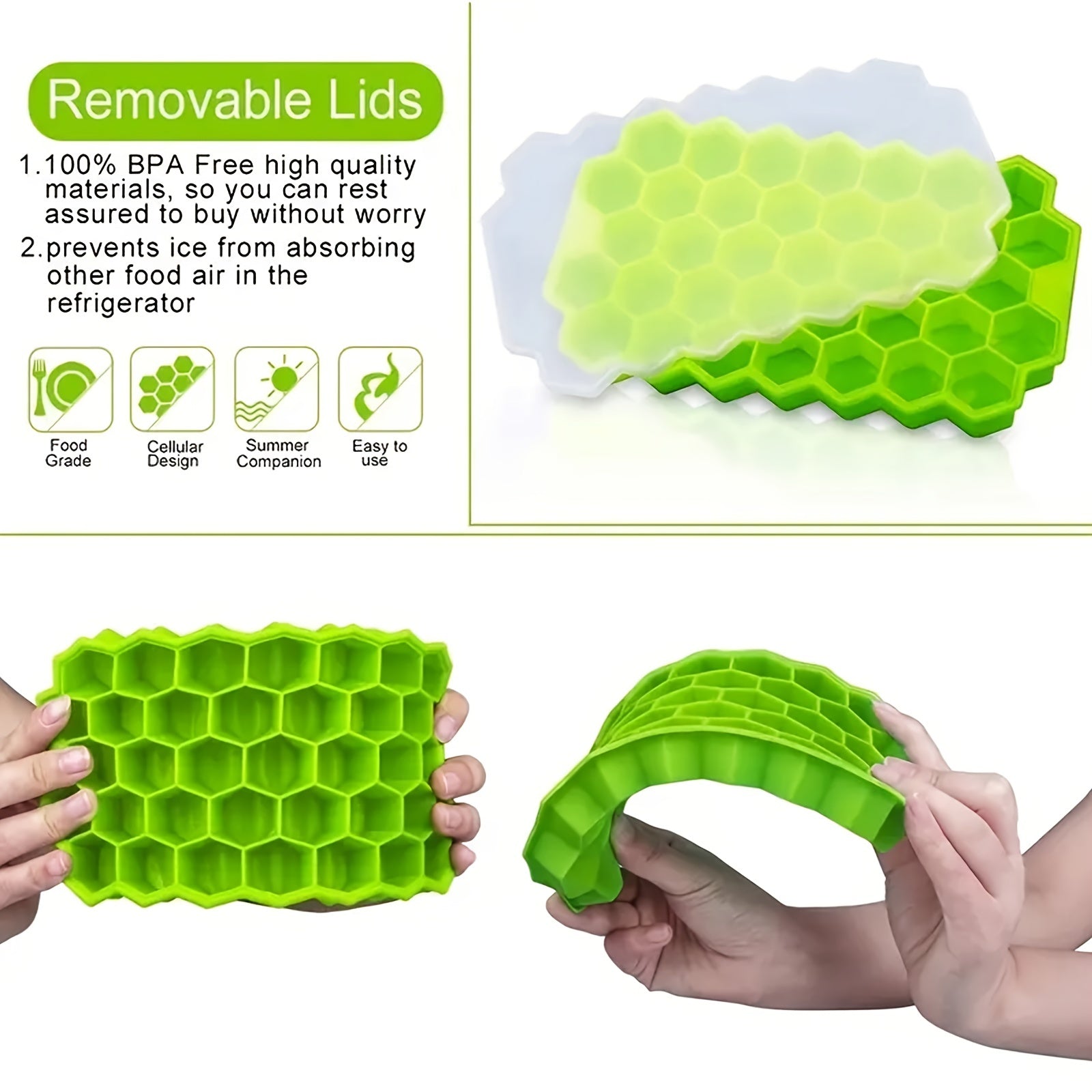 Honeycomb Ice Cube Tray with Lid 37 Grids for Easy Ice Removal
