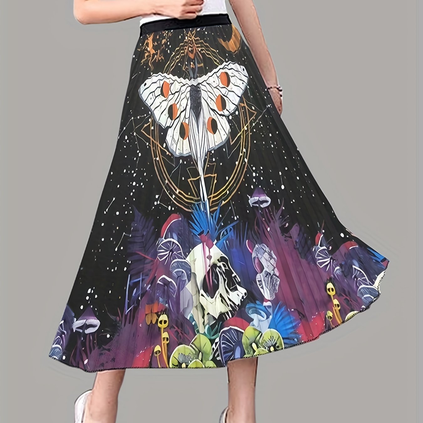 Butterfly Print Pleated Skirt Elastic Waist Swing Skirt