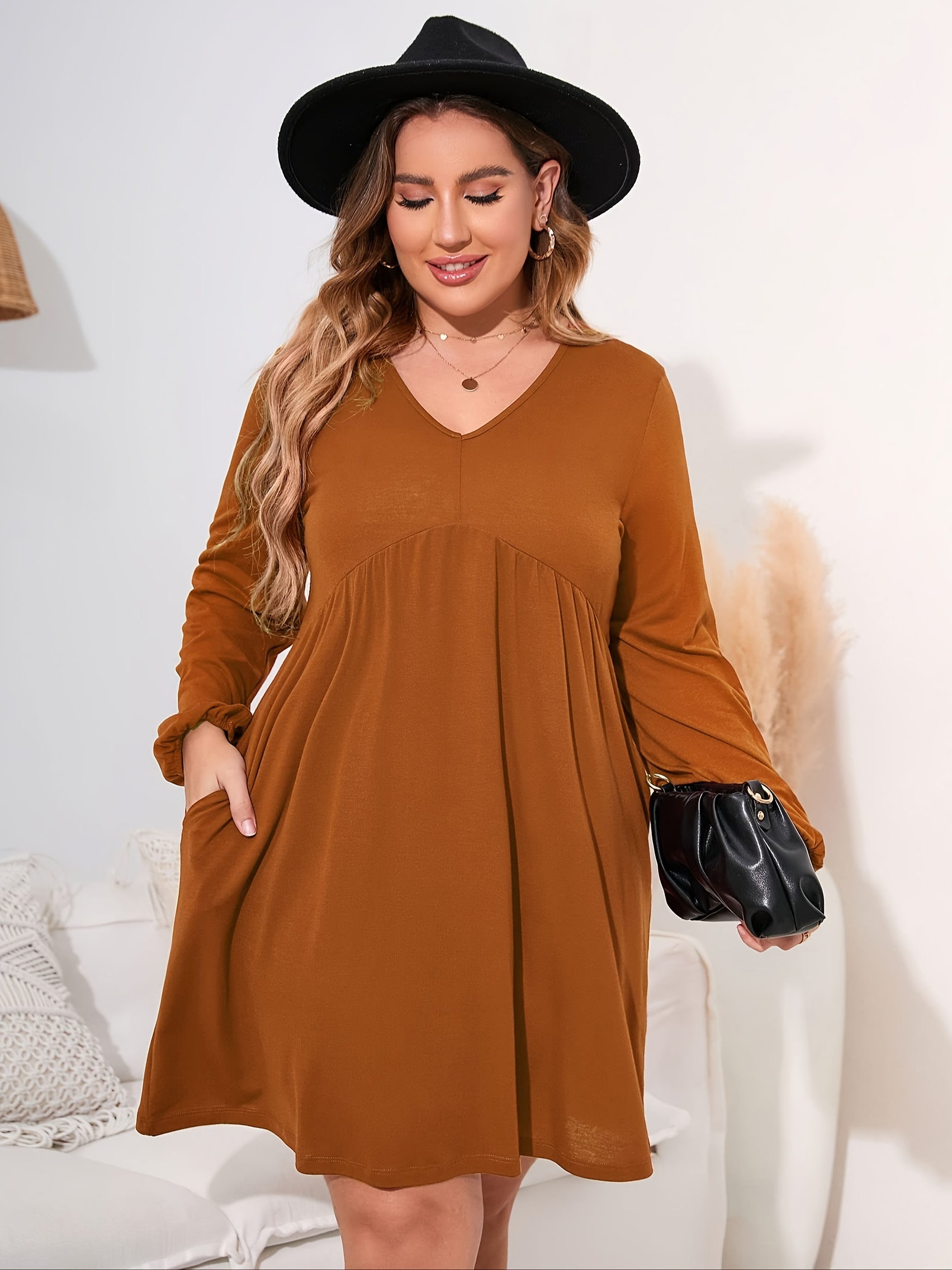 Solid Long Sleeve V-Neck Mini Dress With Pockets