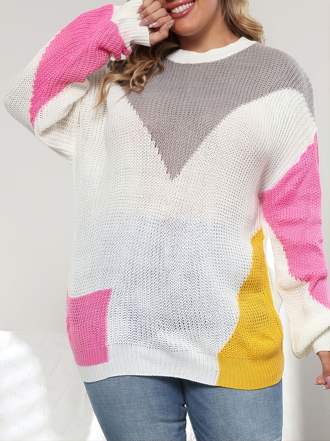 Colorblock Round Neck Sweaters Women's Plus High Stretch Loose Fit