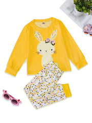 2pcs Toddler Girls Bunny Top & Floral Trousers Pajama Set