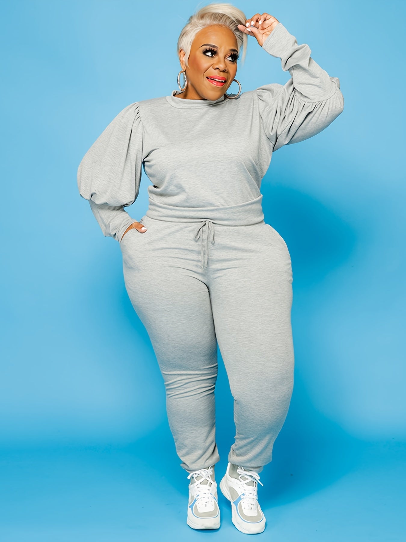 Lantern Sleeve Sweatshirt & Sweatpants Set Women's Plus