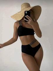 One Shoulder Swimsuit Asymmetric Band High Strech 2 Piece Beachwear